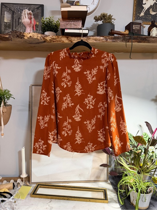 Amazon Tops - Rust Floral Long-Sleeve Women's Top with Pleated High Keyhole Neck